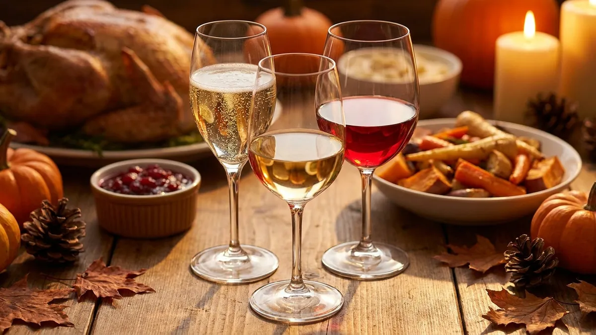 Thanksgiving table with roast turkey surrounded by side dishes and bottles of red and white wine