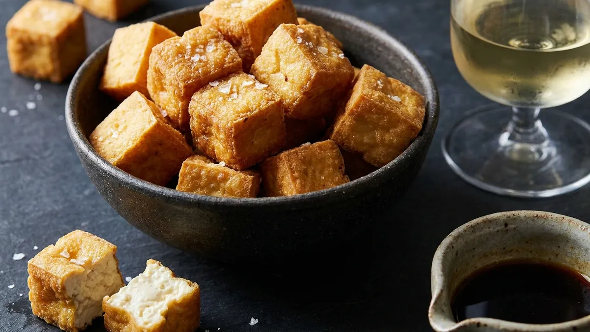 Golden deep-fried tofu cubes in a dark bowl, one broken open to show its soft white centre, with a glass of white wine behind