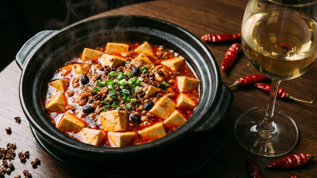 A black clay pot of bubbling red mapo tofu with Sichuan peppercorns and chilies on the table and a glass of pale white wine beside it