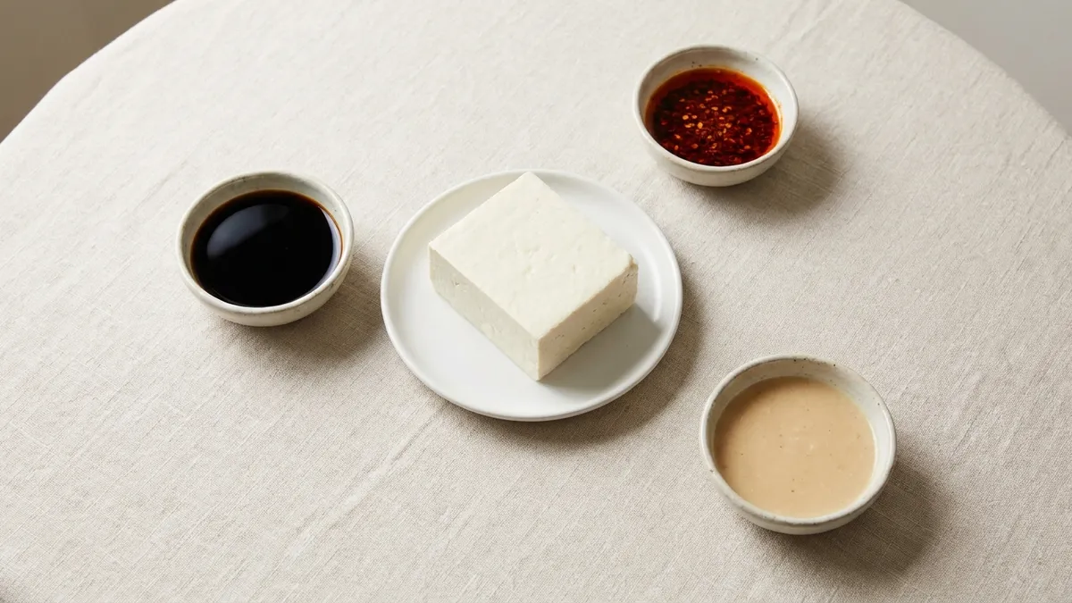 A plain white block of tofu on a small plate surrounded by three dipping dishes of soy sauce, red chili oil and pale miso dressing