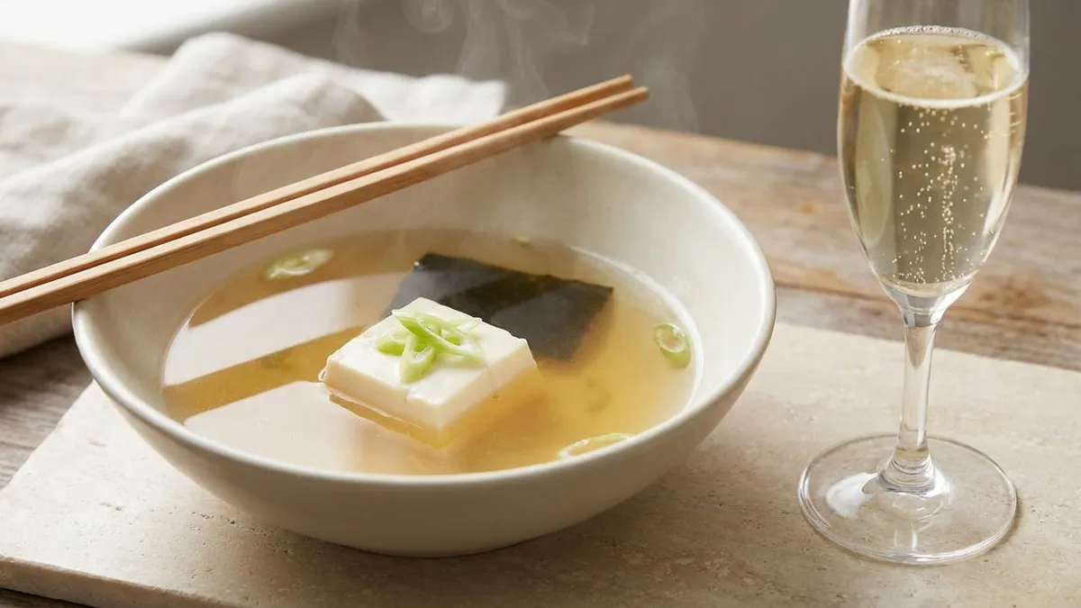 A cube of silken tofu in a pale bowl of clear broth with chopsticks resting on the rim and a flute of sparkling wine beside it