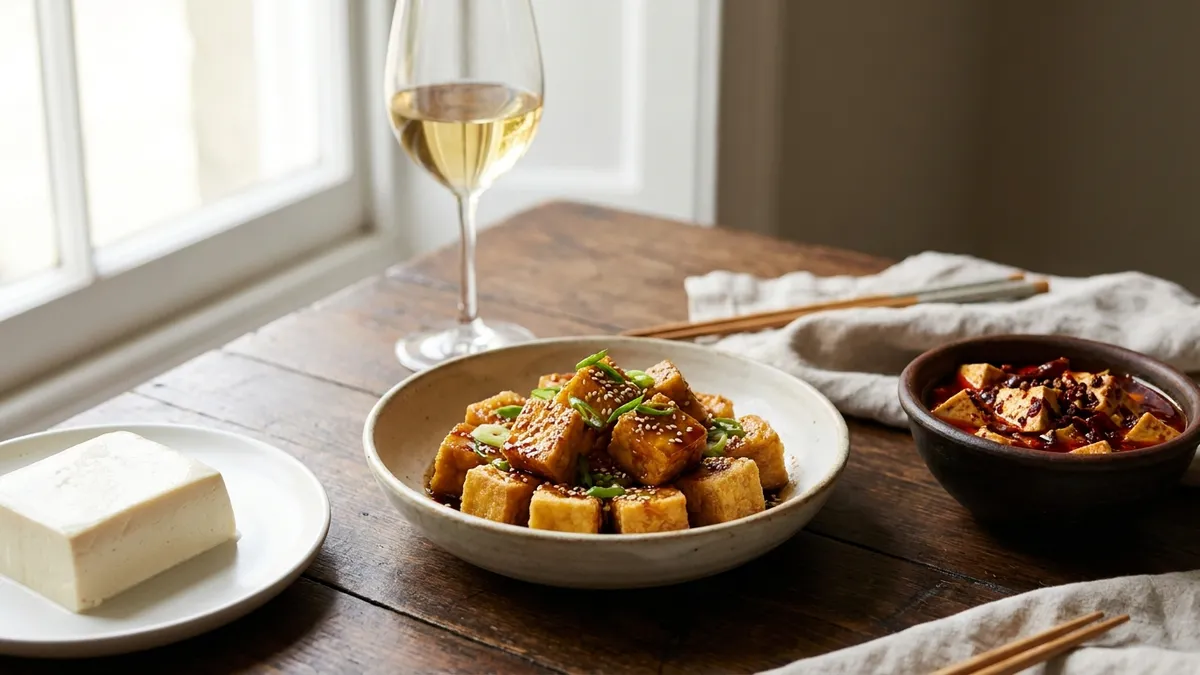 Crispy soy-glazed tofu, a bowl of red Sichuan tofu and a block of silken tofu on a wooden table with a glass of pale white wine behind