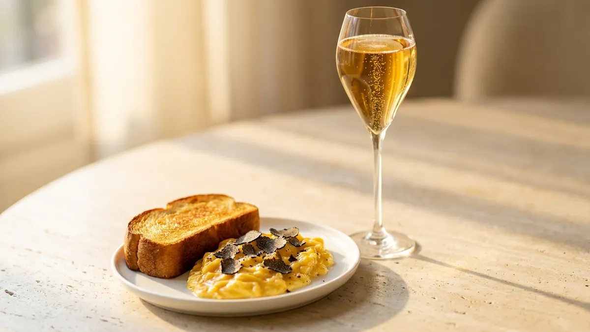 Soft scrambled eggs topped with grated black truffle and toasted brioche beside a tulip glass of deep golden sparkling wine