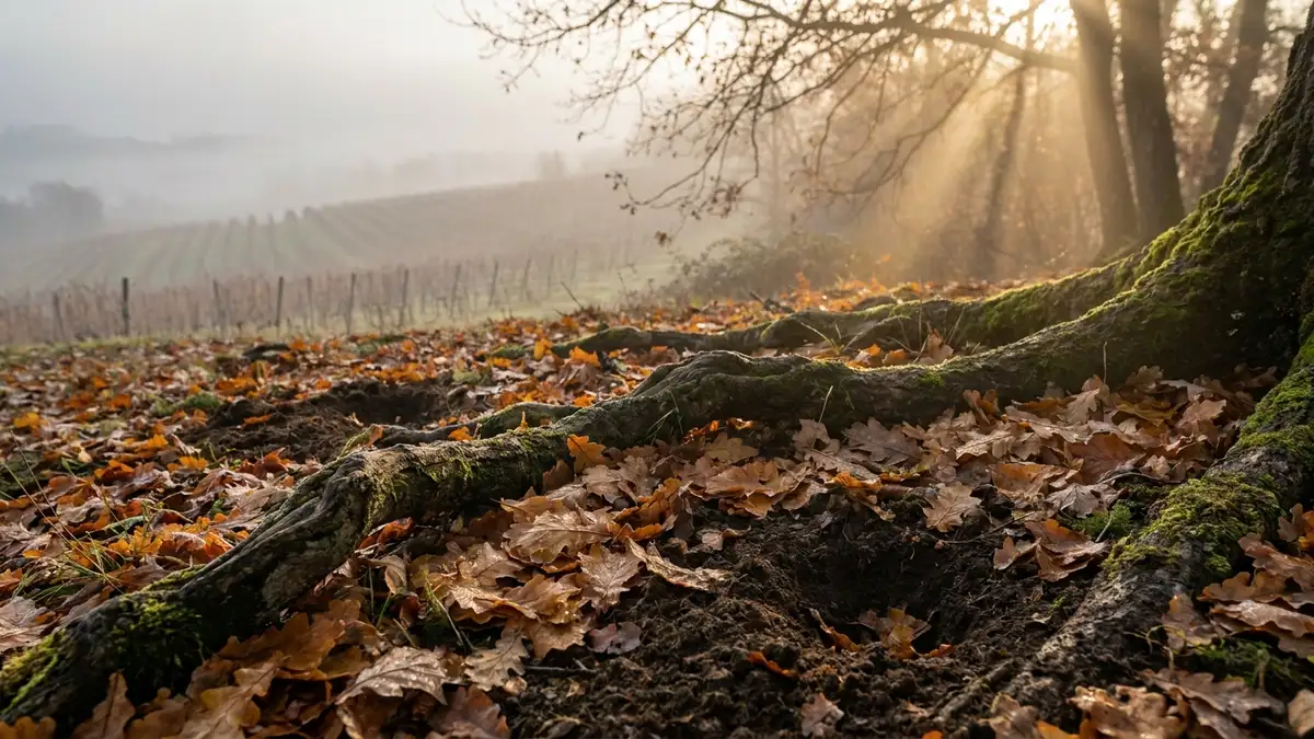 A misty autumn oak woodland floor with twisted roots, fallen leaves and freshly dug hollows, vineyard hills fading into fog behind