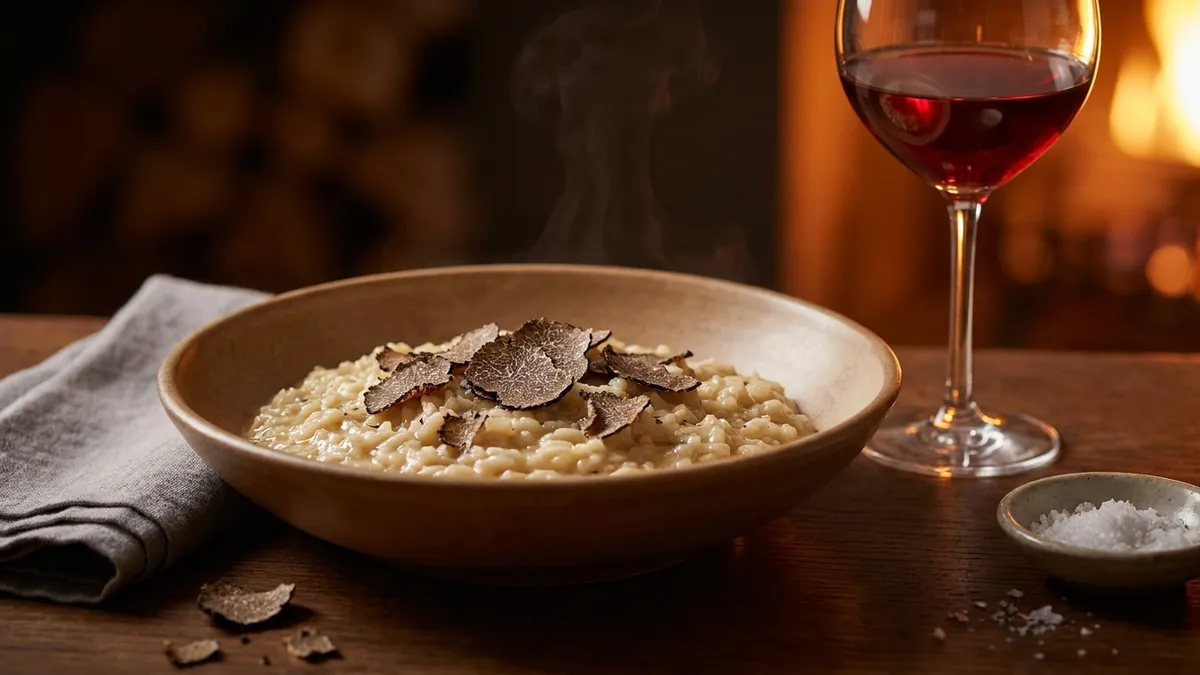 A bowl of creamy risotto topped with thin slices of black winter truffle, steam rising, beside a glass of light garnet red wine by firelight