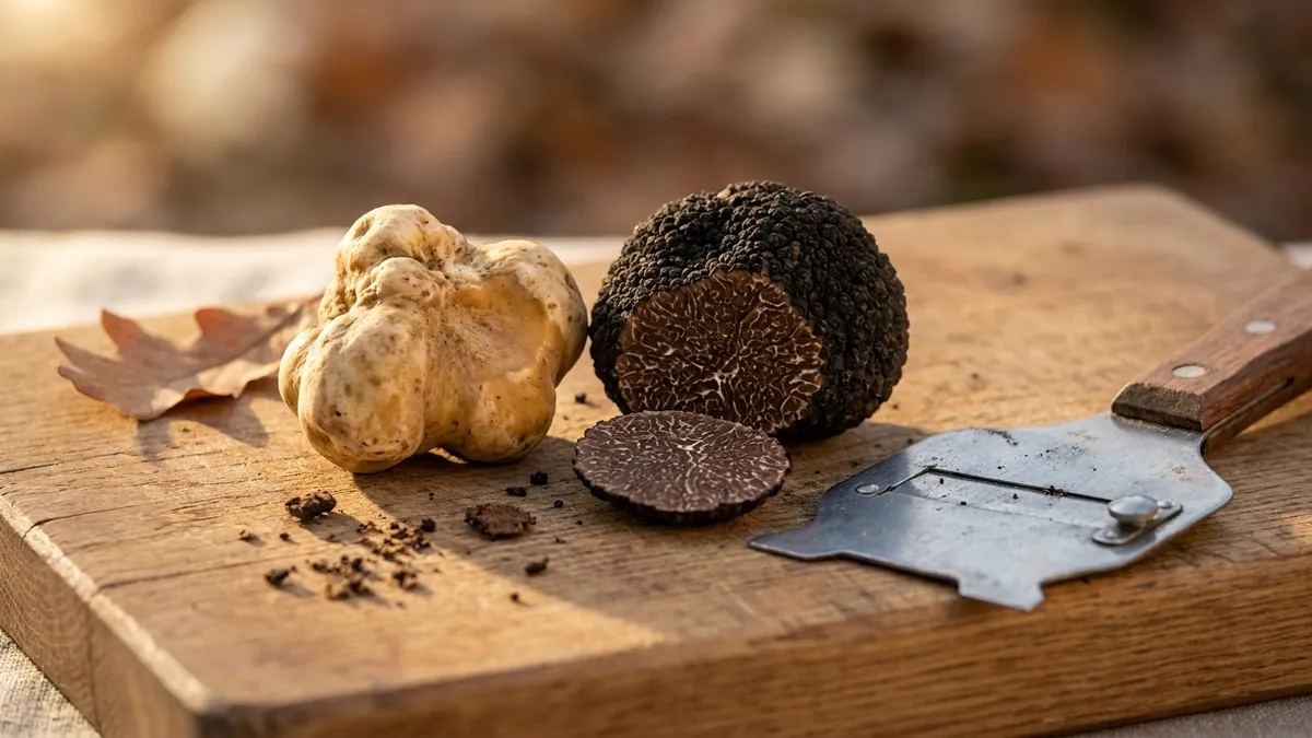A knobbly pale white truffle and a black winter truffle with one slice cut to show its veined flesh, side by side on a rustic oak board