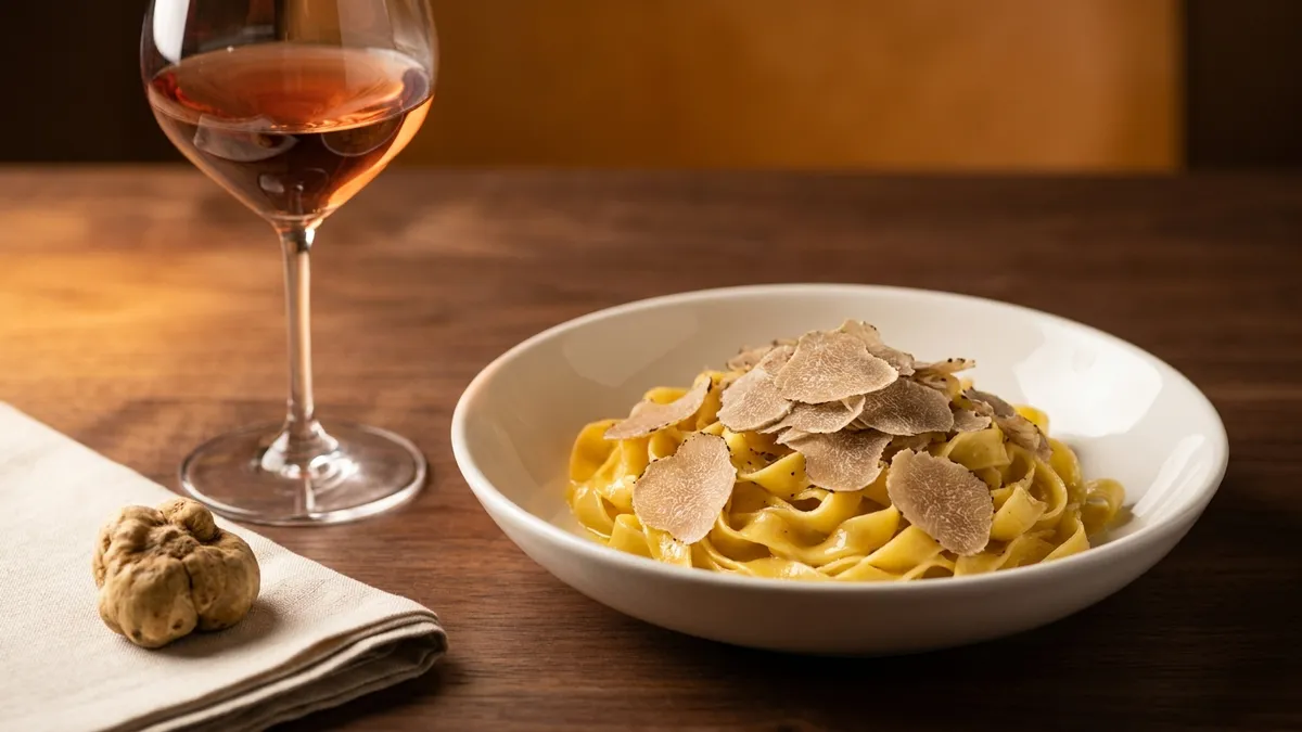 Buttered egg pasta topped with shaved white truffle beside a glass of pale garnet aged red wine on a dark wooden table