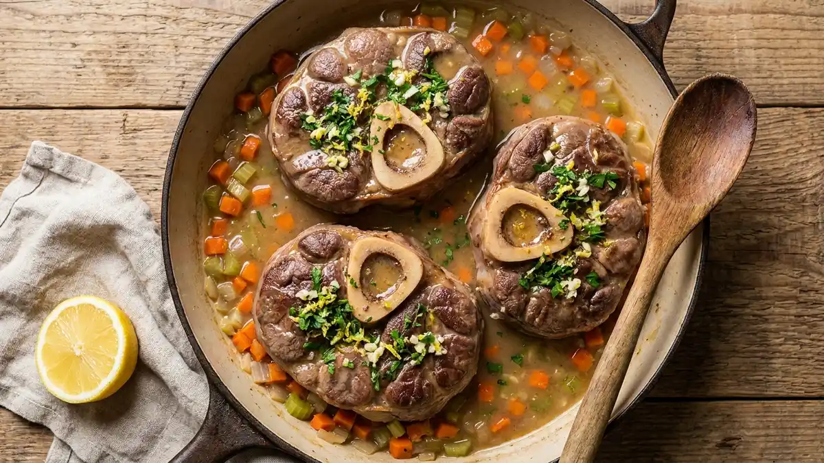 Three braised cross-cut veal shanks in a pan, marrow visible in the bones, topped with parsley and lemon zest