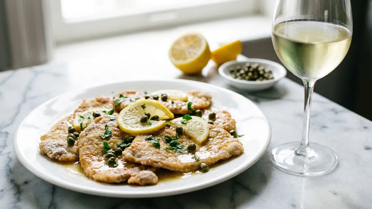 Thin golden veal cutlets in a lemon butter sauce with capers and lemon slices beside a glass of pale white wine
