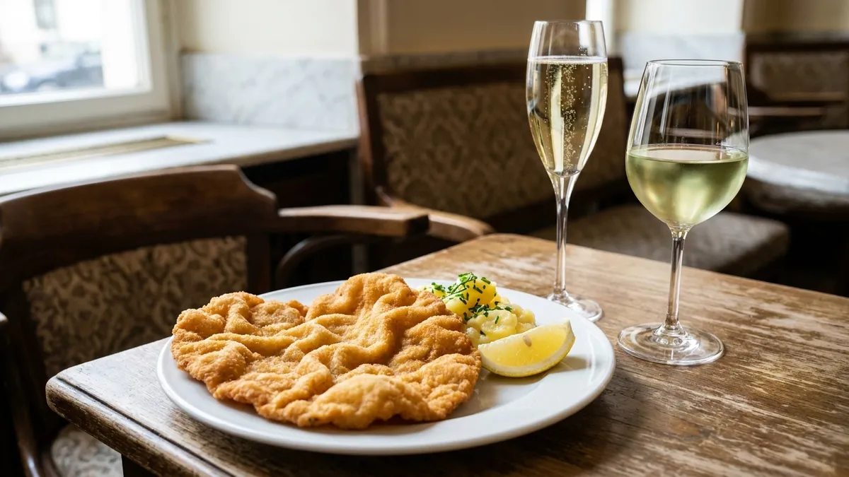 A wide golden breaded veal schnitzel with lemon and potato salad beside a flute of sparkling wine and a glass of pale white wine
