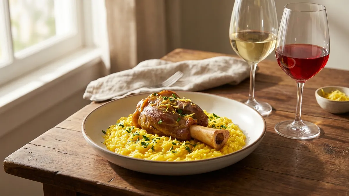 Braised veal shank on saffron risotto with a glass of pale white wine and a glass of ruby red wine beside the plate