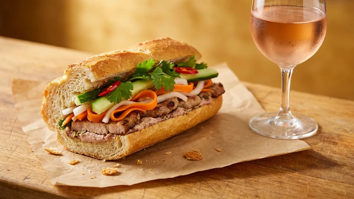 A banh mi cut on the diagonal showing grilled pork, pâté, pickled carrot and daikon and coriander, beside a glass of pale pink rosé
