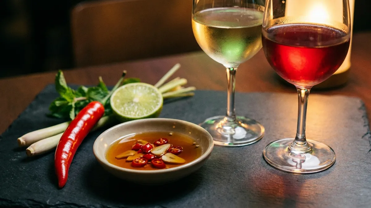 A dish of nuoc cham with sliced red chili beside a whole chili, lime and lemongrass, with a glass of pale white and a glass of light red wine