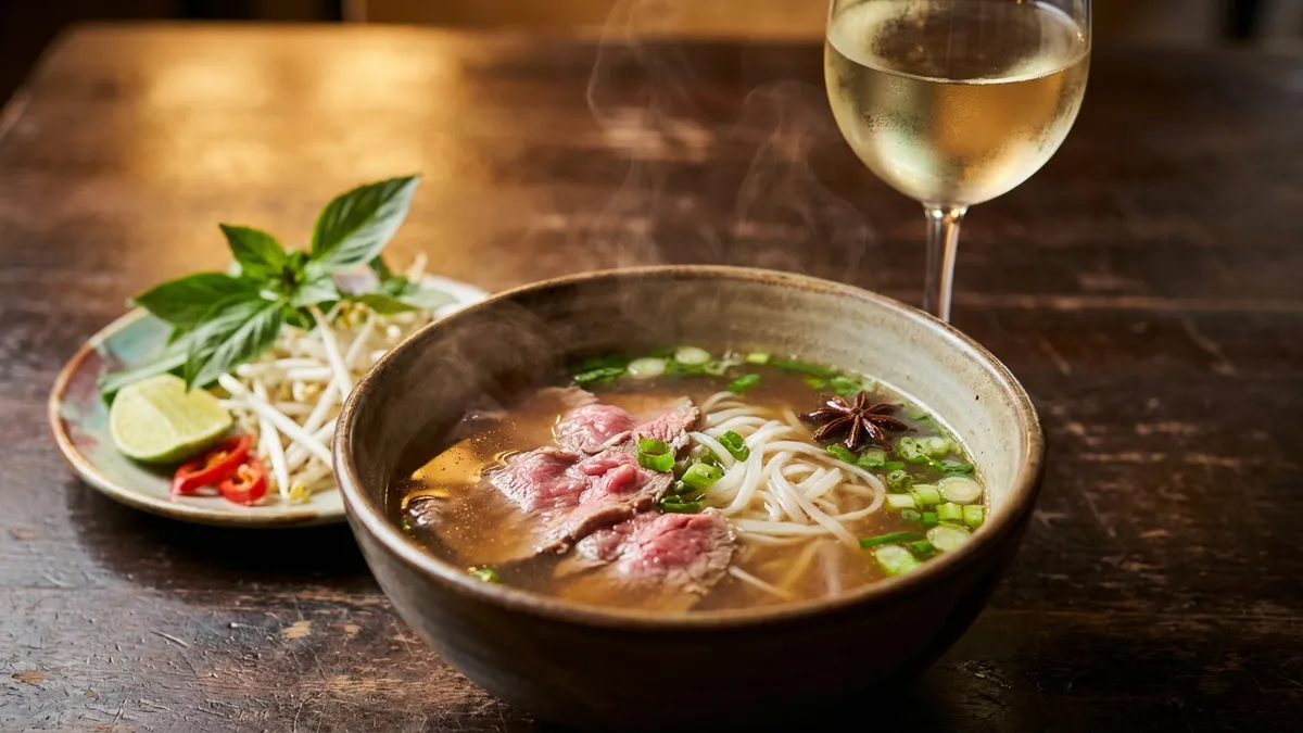 A steaming bowl of beef pho with rare beef, rice noodles, spring onion and star anise, a plate of herbs and lime, and a glass of pale white wine behind