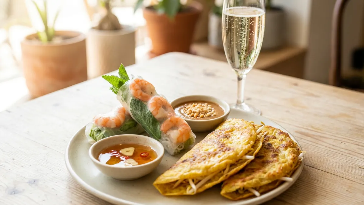 Fresh rice-paper rolls with prawn and mint, crisp banh xeo halves, dipping sauces and a flute of sparkling wine