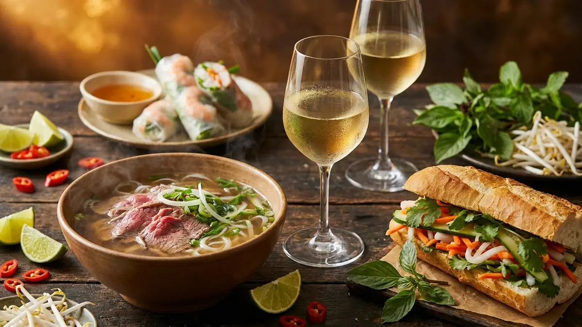 A shared Vietnamese table with a steaming bowl of pho, a banh mi and fresh rice-paper rolls beside two chilled glasses of pale white wine