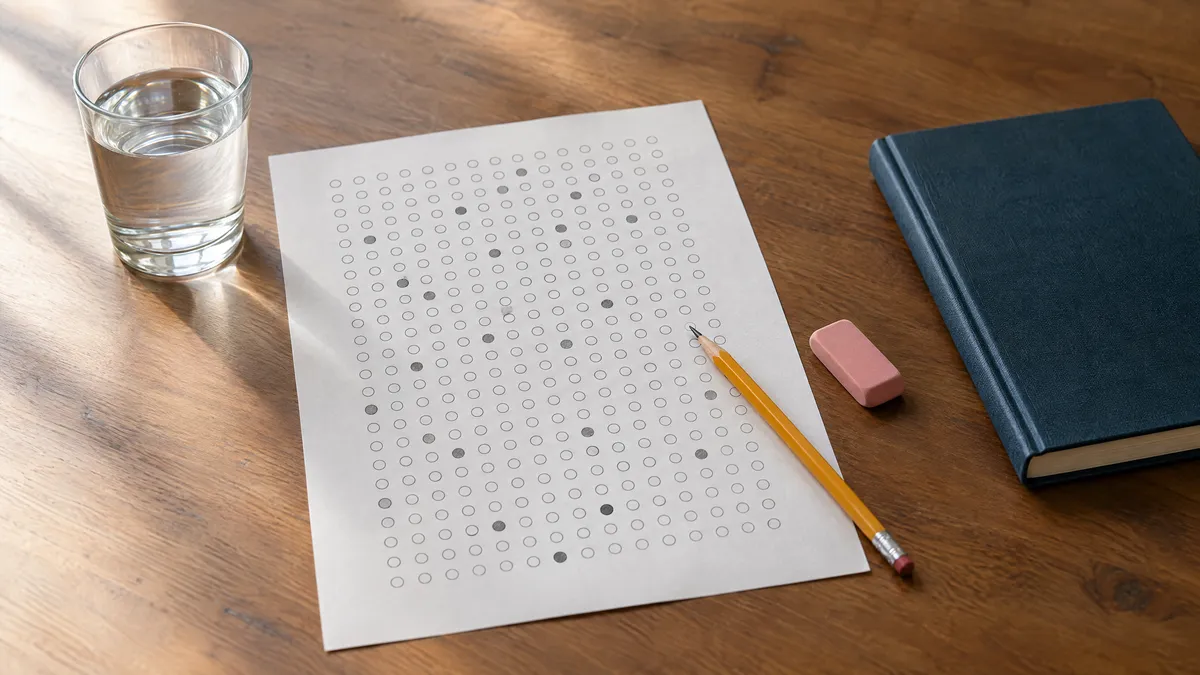 A pencil and eraser beside a sheet of empty and filled answer bubbles, with a glass of water and a closed notebook