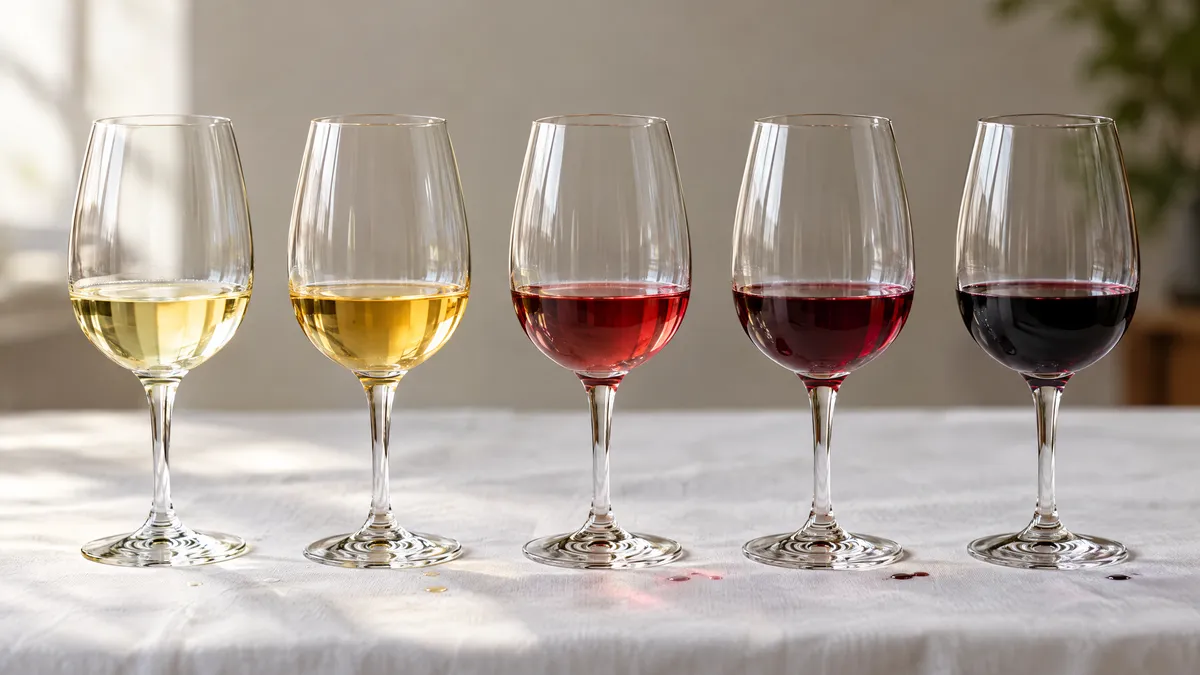 Five tasting glasses in a row on a white cloth, from pale lemon and golden white to light ruby, medium ruby and deep purple red