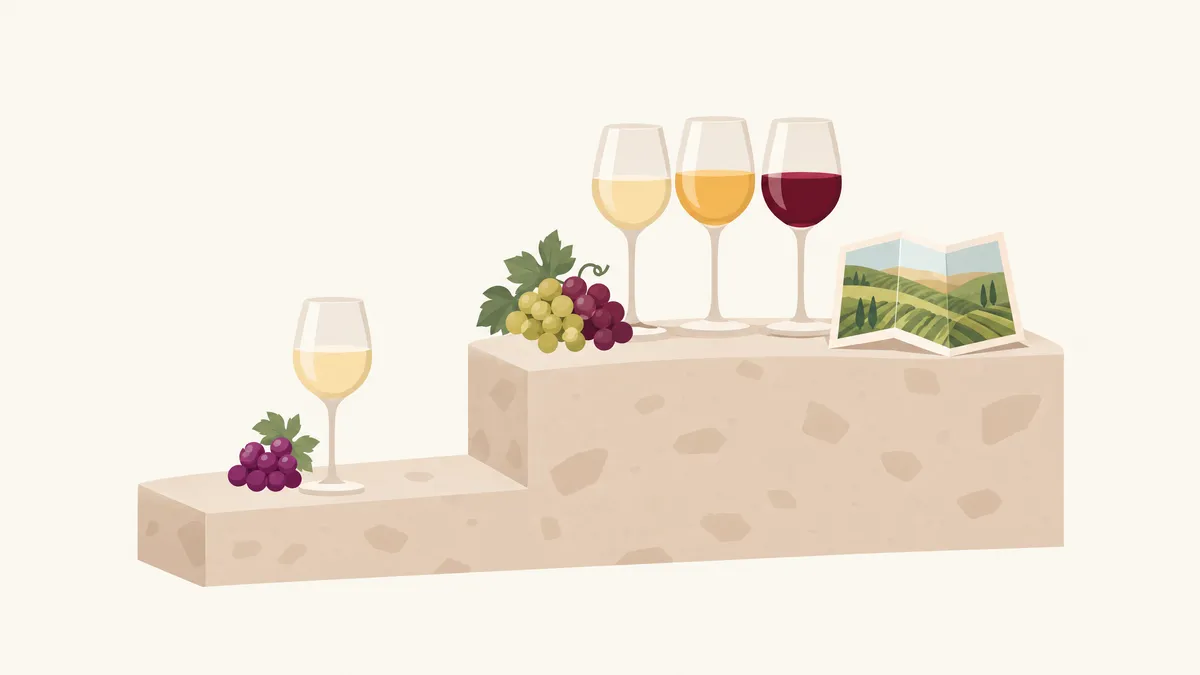 Two stone steps rising left to right, one glass of white wine on the lower step and three glasses of different wines with a small vineyard map on the higher step