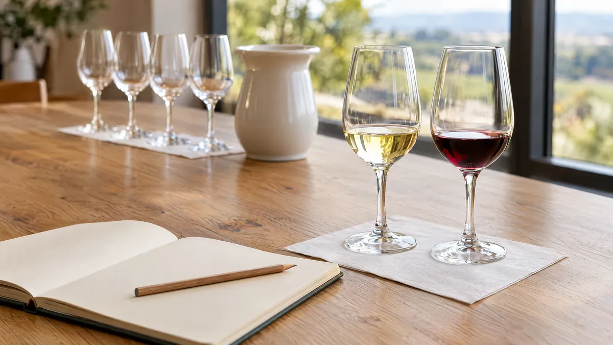 A beginner wine class table with an open blank notebook, a pencil and two tasting glasses of white and red wine in morning light