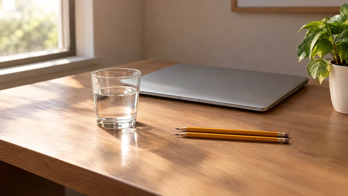 A tidy desk in morning light with a closed laptop, a glass of water and two sharpened pencils laid side by side