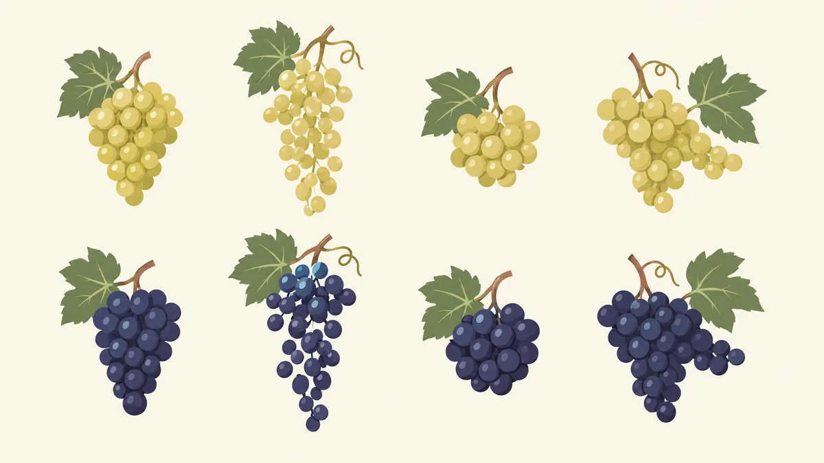 Eight grape clusters in two rows, four pale green-gold white grape bunches above and four dark blue-black bunches below