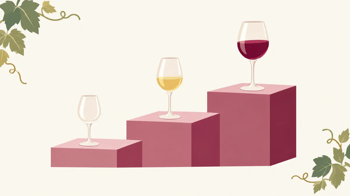 Three steps rising left to right, an empty wine glass on the lowest, a glass of white wine on the middle step and a larger glass of red on the top step