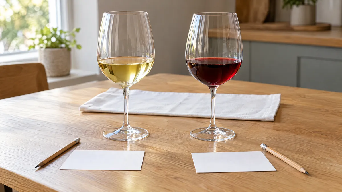 Two glasses side by side on a light oak table, a pale lemon white wine and a ruby red, each with a blank notecard and pencil in front