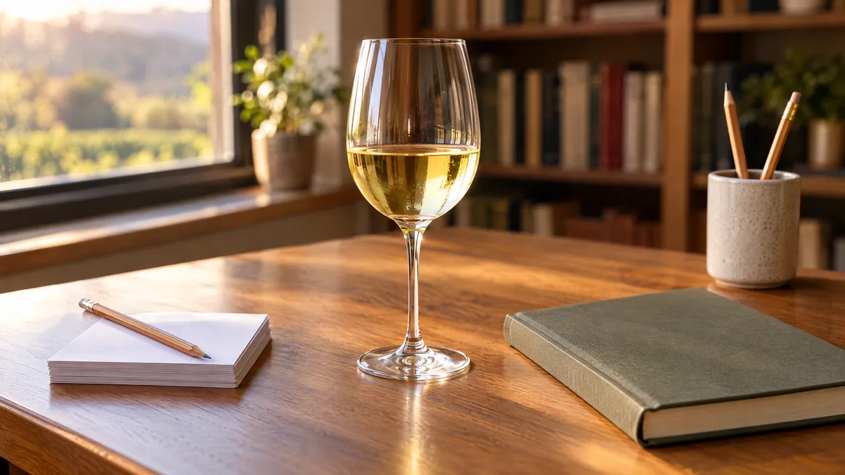 A glass of pale white wine on a wooden study desk beside blank index cards, a pencil and a closed notebook