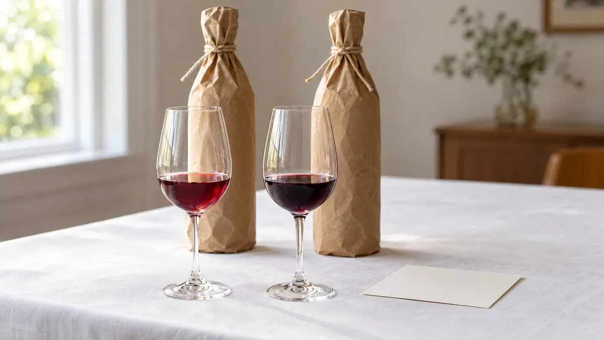 Two glasses of still red wine of different depths of colour on a white cloth, in front of two bottles wrapped in brown paper