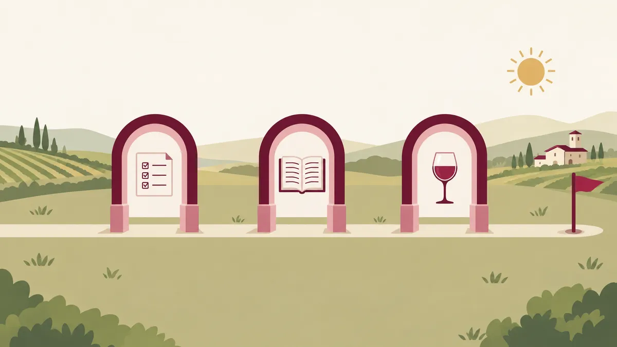 Lesson illustration of a path running through three separate arched gates, one each for multiple choice, written answers and tasting