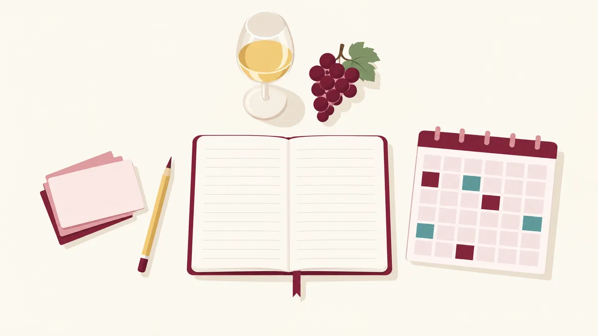 Lesson illustration of a study desk with an open notebook, study cards, a weekly calendar with regular sessions marked and a glass of white wine