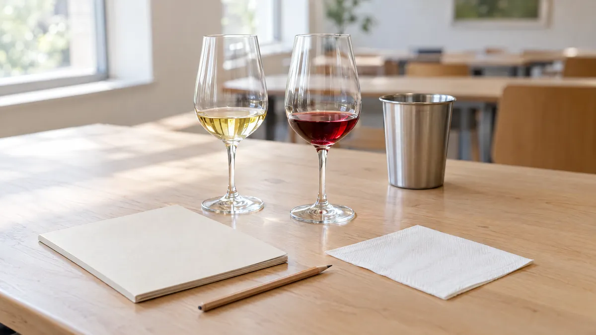 A white and a red wine in two tasting glasses beside a closed exam booklet and a pencil on a wooden desk in morning light