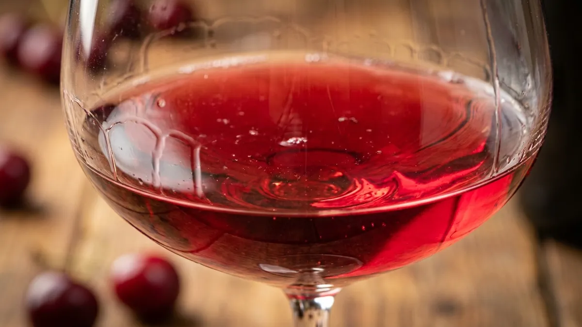 Close-up of bright ruby Zweigelt swirled in a glass showing translucent color