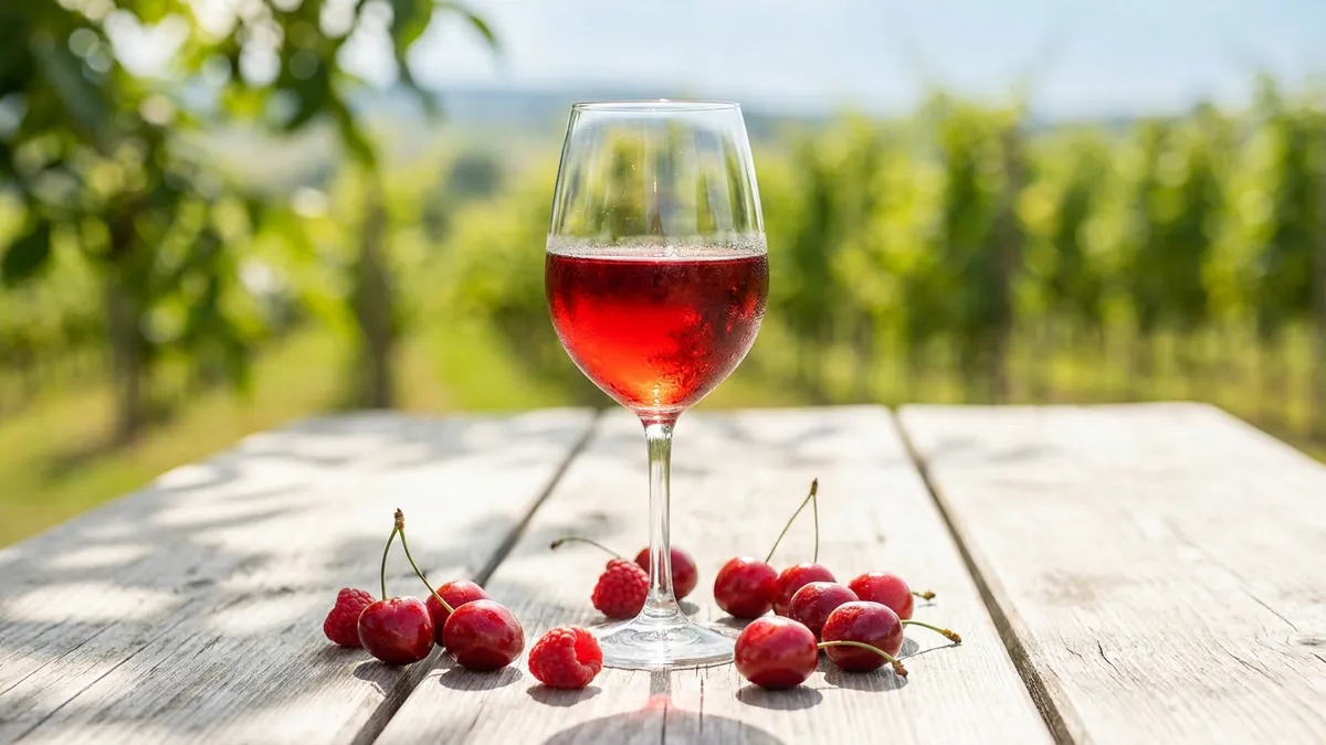 A bright ruby glass of Zweigelt slightly chilled beside fresh cherries
