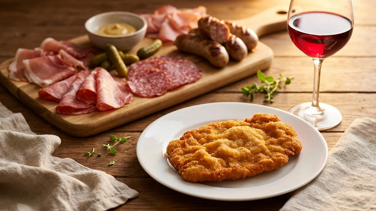 A spread of Austrian charcuterie, schnitzel, and sausages alongside a glass of Zweigelt