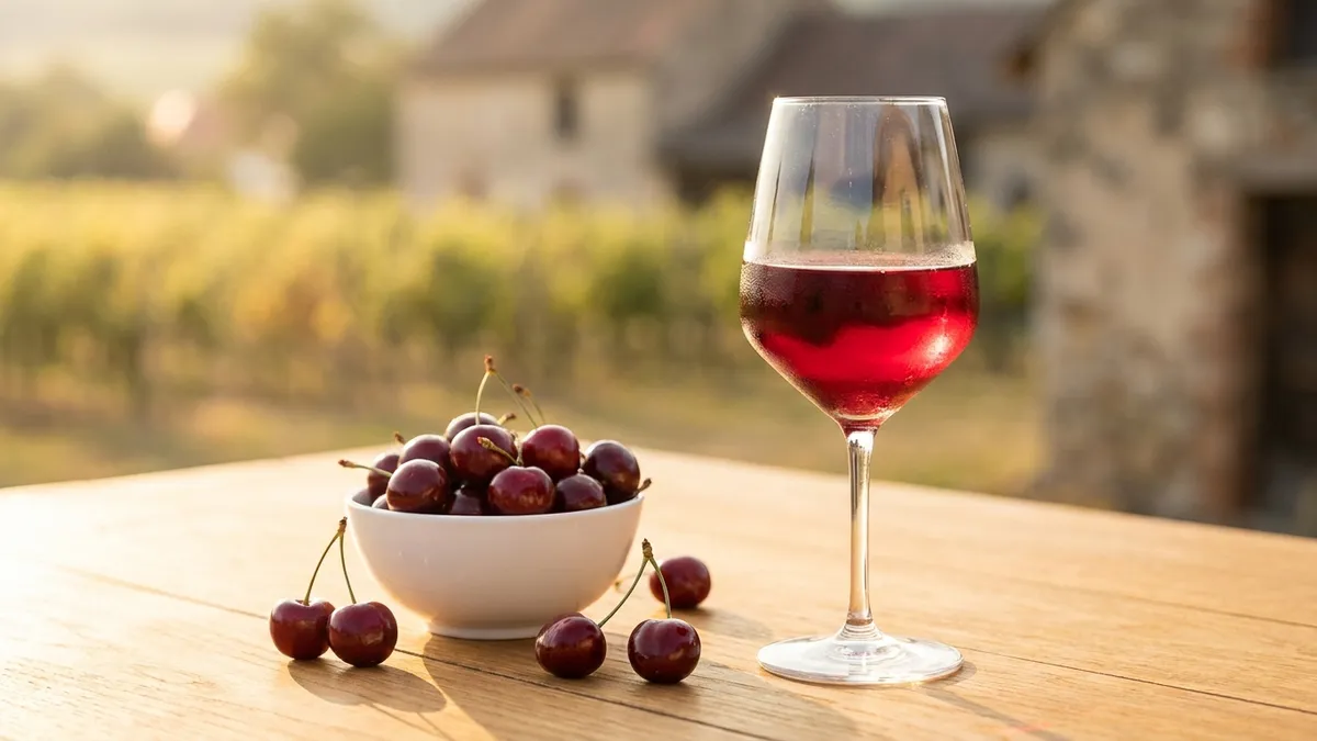 A glass of bright ruby Zweigelt wine slightly chilled on a wooden table with a bowl of fresh cherries softly out of focus behind